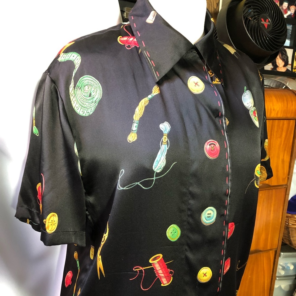 Silk Seamstress Motif RARE, sample, vintage NYC, black with vibrant colors